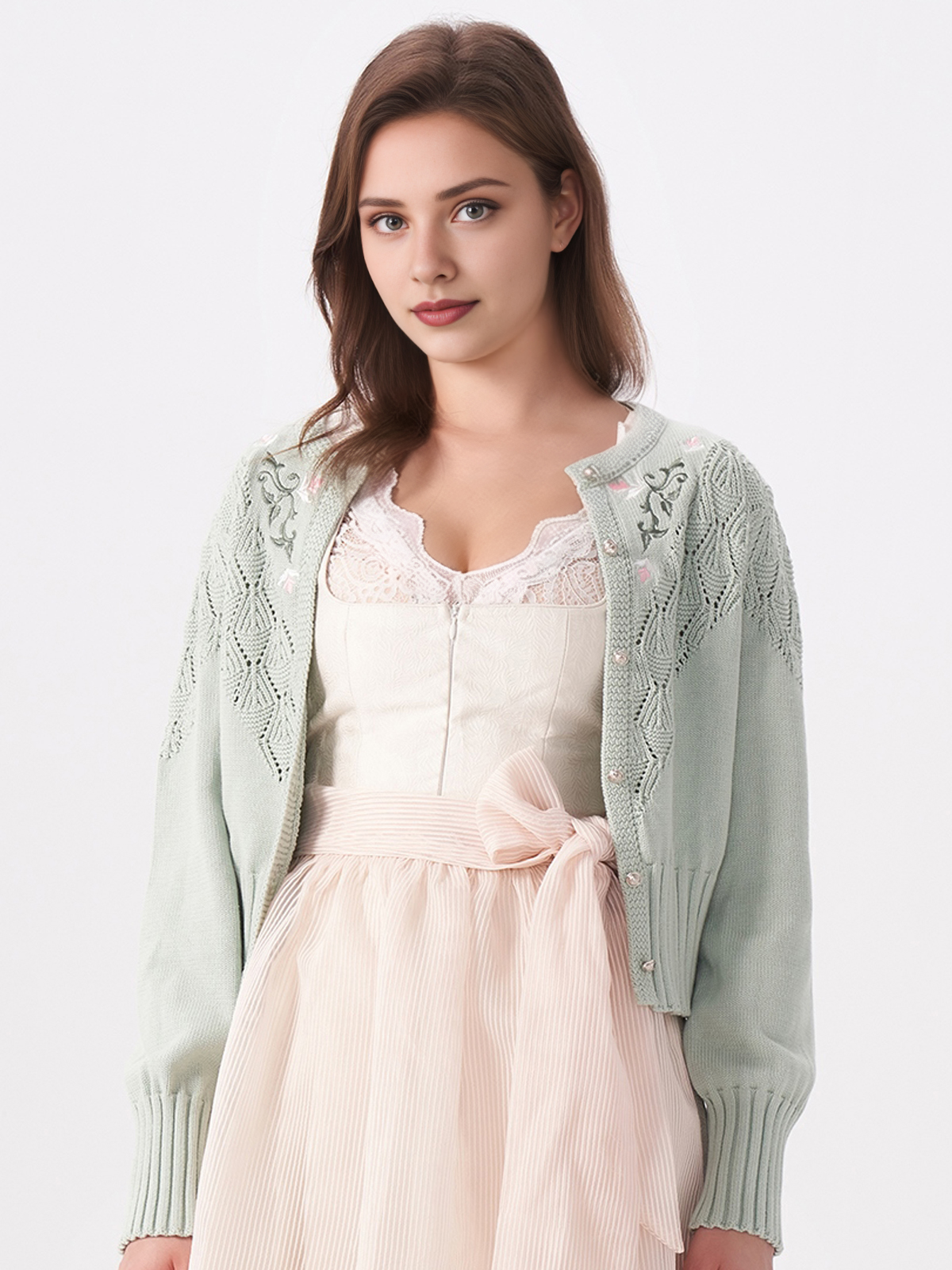 Dirndlbluse weiß langarm mit Strickmuster